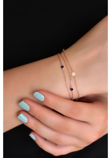 925 Ayar Gümüş Kaplama Lacivert Taşlı Yıldız Zincir Bileklik