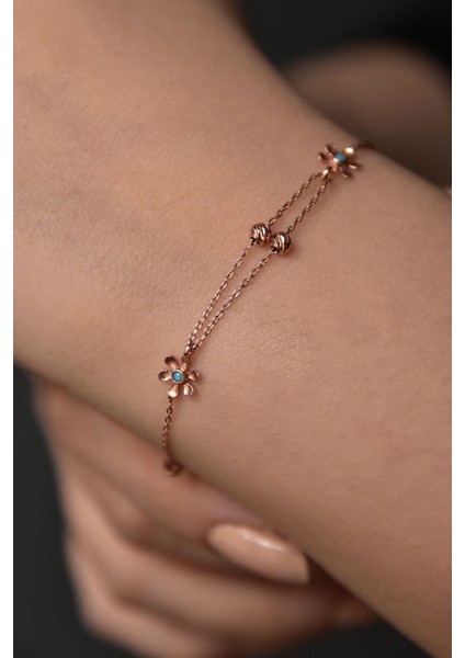 925 Ayar Gümüş Dorika Toplu Firuze Papatya Kadın Bileklik