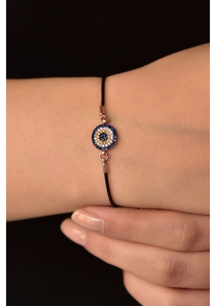 925 Ayar Gümüş Zirkon Taşlı Siyah Ipli Nazar Kadın Bileklik