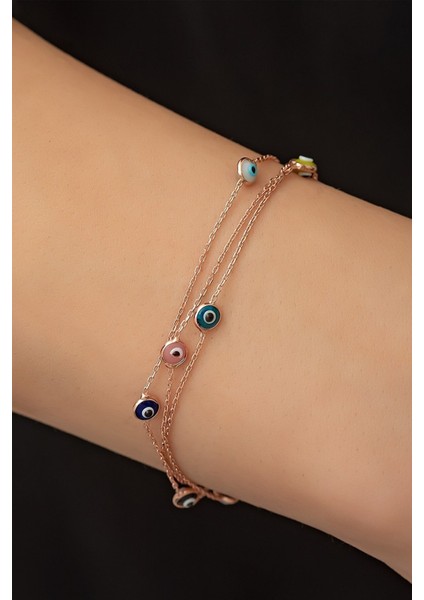 925 Ayar Gümüş Kaplama Üç Sıra Renkli Nazargöz Tifany Bileklik