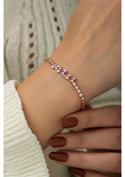 925 Ayar Kaplama Renkli Baget Taşlı Gümüş Bileklik