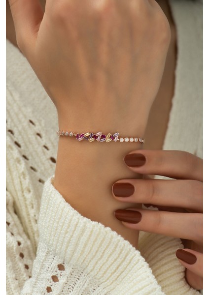 925 Ayar Kaplama Renkli Baget Taşlı Gümüş Bileklik fiyatları