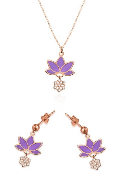 925 Ayar Gümüş Kaplama Parlayan Rüya Serisi Ebruli Mor Cam Boyalı Lotus Set
