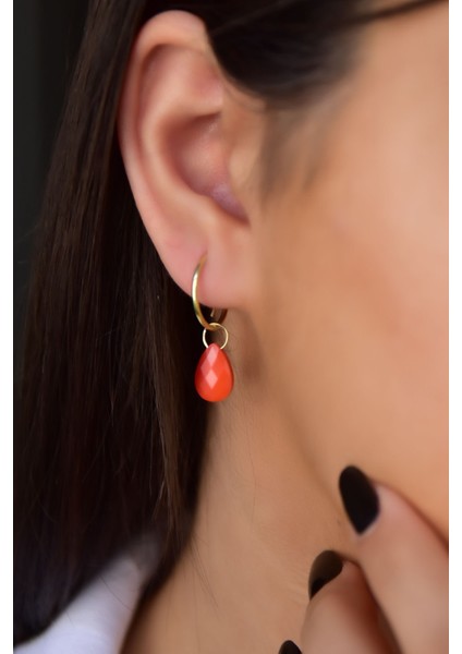 925 Ayar Gümüş Kaplama Doğal Taş Turuncu Damla Halka Küpe