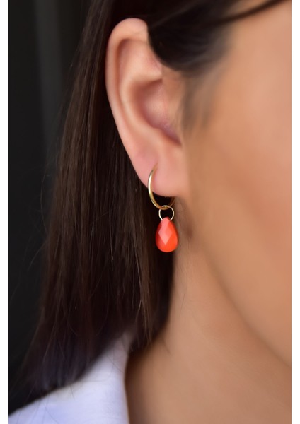 925 Ayar Gümüş Kaplama Doğal Taş Turuncu Damla Halka Küpe modelleri