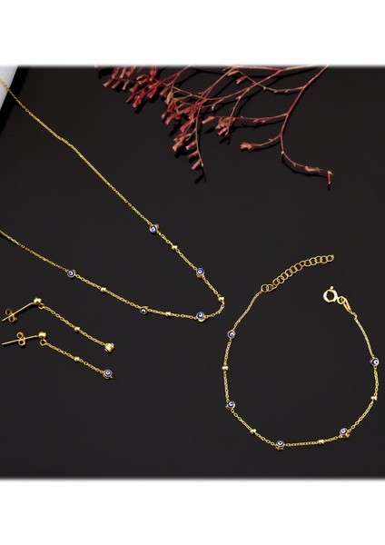 925 Ayar Gümüş Kaplama Top Zincir Sallantılı Nazar Göz Kolye, Bileklik ve Küpe Set