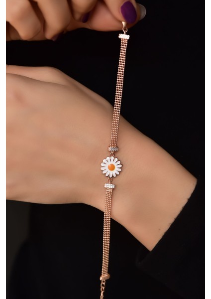 925 Ayar Gümüş Kaplama Top Zincirli Mineli Papatya Bileklik