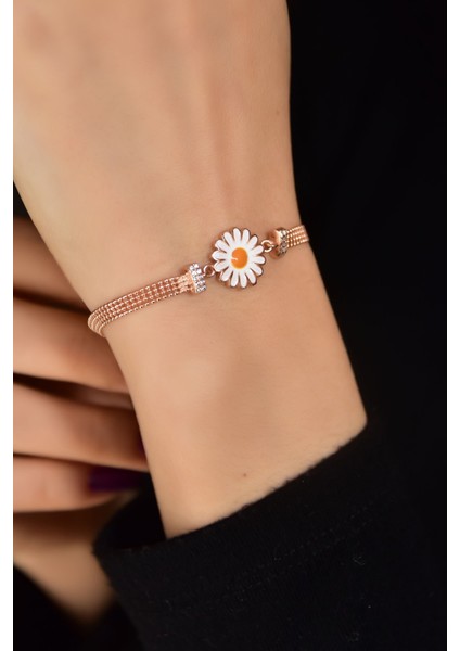 925 Ayar Gümüş Kaplama Top Zincirli Mineli Papatya Bileklik fiyatları