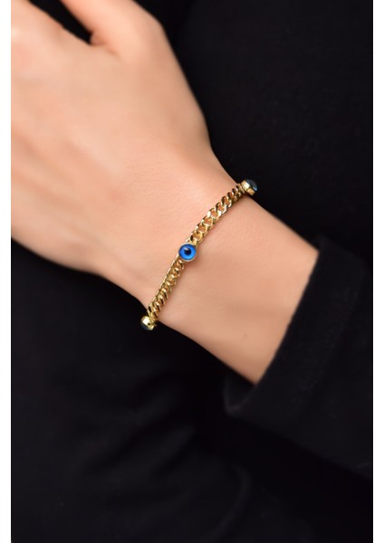 925 Ayar Gümüş Kaplama Cam Göz Zincir Bileklik