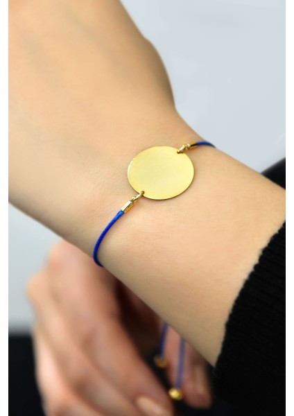 925 Ayar Gümüş Kaplama Mavi Ipli Asansörlü Plaka Kadın Bileklik