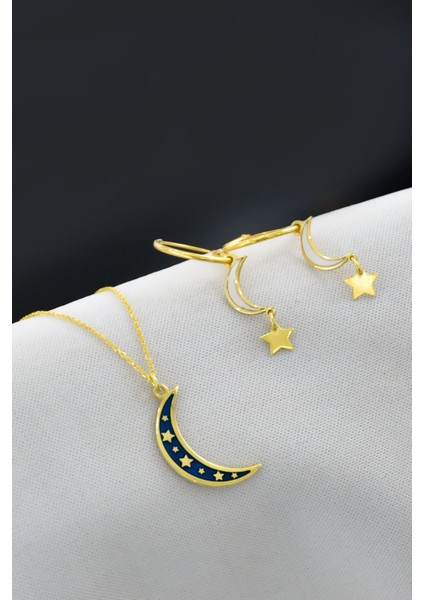 925 Ayar Gümüş Kaplama Yıldızlı Hilal Kolye, Ay Yıldız Halka Küpe