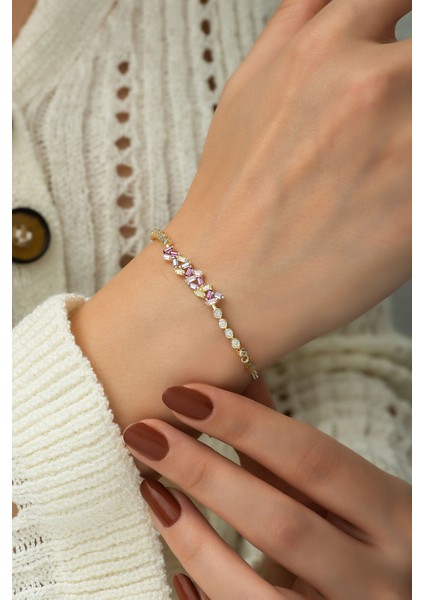 925 Ayar Kaplama Renkli Baget Taşlı Gümüş Bileklik