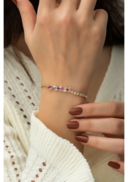 925 Ayar Kaplama Renkli Baget Taşlı Gümüş Bileklik fiyatları