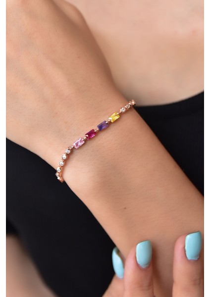 925 Ayar Gümüş Kaplama Renkli Taşlı Baget Asansör Bileklik