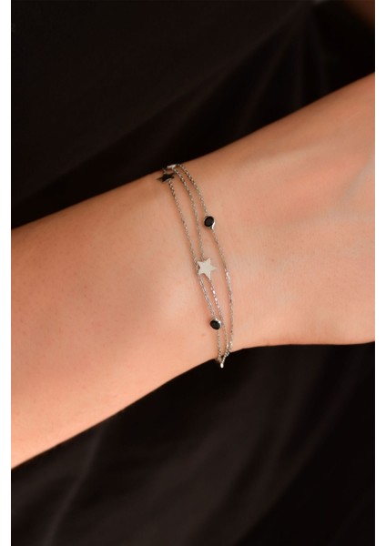 925 Ayar Gümüş Kaplama Siyah Taşlı Yıldız Zincir Bileklik