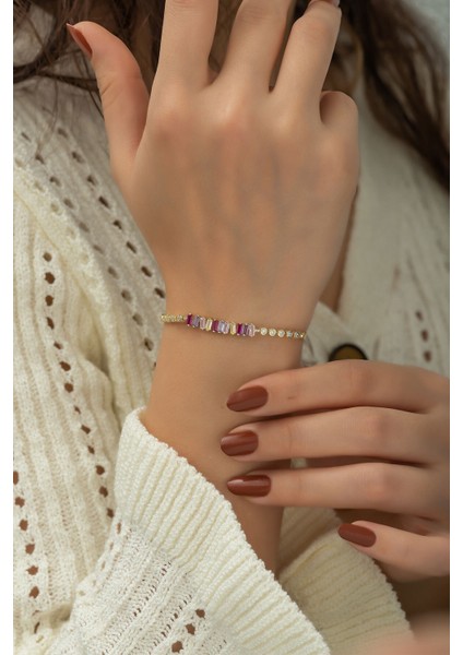 925 Ayar Kaplama Renkli Baget Taşlı Gümüş Bileklik fiyatları