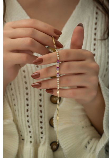 925 Ayar Kaplama Renkli Baget Taşlı Gümüş Bileklik modelleri