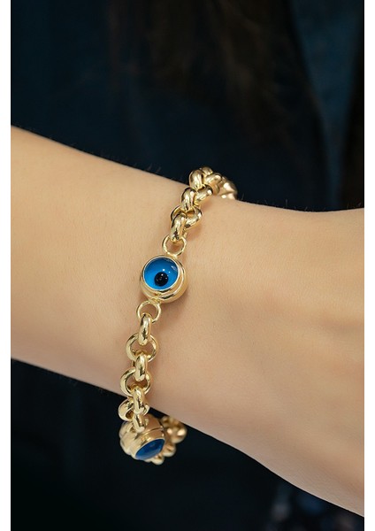 Üç Nazar Gözlü Halloy Zincir Bileklik 14 Ayar Kaplama 925 Ayar Gümüş