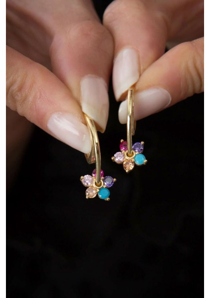 925 Ayar Kaplama Renkli Taşlı Çiçek Gümüş Küpe