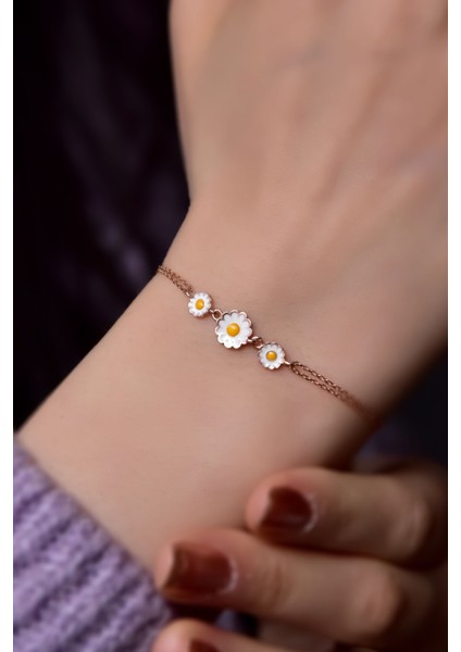 925 Ayar Gümüş Kaplama Mineli Süzme Üç Papatya Bileklik