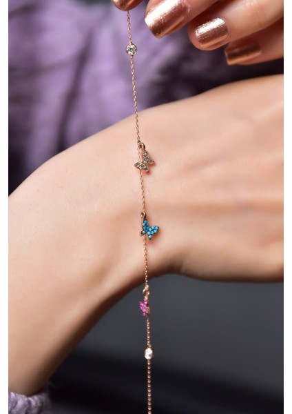 925 Ayar Gümüş Kaplama Zirkon Taşlı Sıralı Mix Kelebek Bileklik