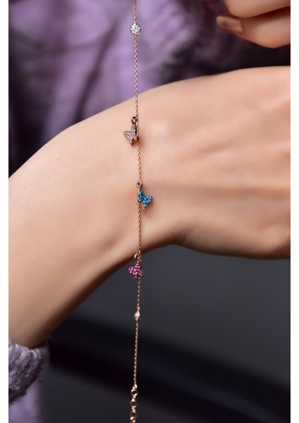 925 Ayar Gümüş Kaplama Zirkon Taşlı Sıralı Mix Kelebek Bileklik fiyatları