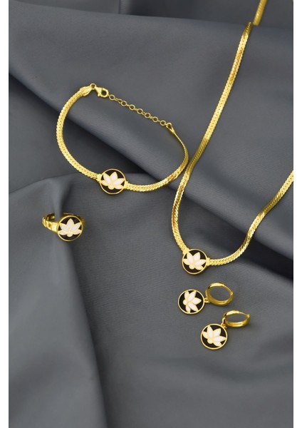 925 Ayar Kaplama Mineli Lotus Çiçeği Kolye-Bileklik-Yüzük-Küpe Set fiyatları