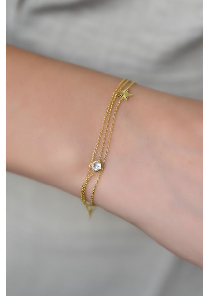 925 Ayar Gümüş Kaplama Doğum Taşlı Üç Zincirli Kalemli Yıldız Bileklik fiyatları