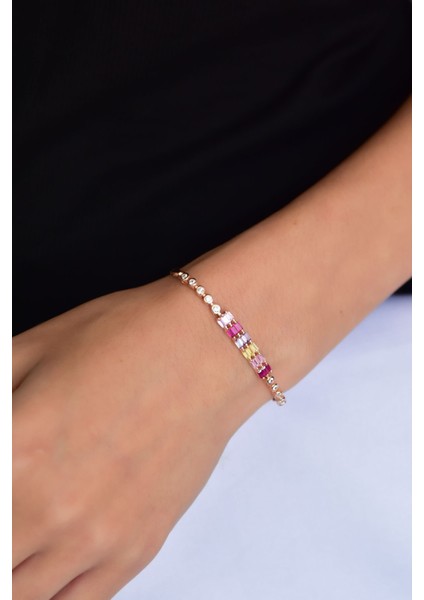 925 Ayar Gümüş Kaplama Renkli Taşlı Baget Bileklik