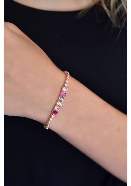 925 Ayar Gümüş Kaplama Renkli Taşlı Baget Bileklik fiyatları