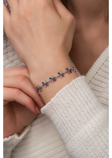 925 Ayar Gümüş Rodum Kaplama Renkli Baget Taşlı Çiçek Bileklik modelleri