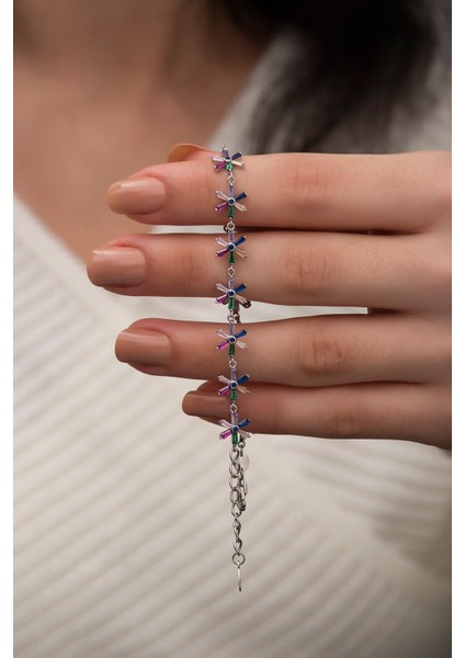 925 Ayar Gümüş Rodum Kaplama Renkli Baget Taşlı Çiçek Bileklik fırsatları