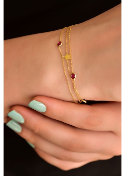 925 Ayar Gümüş Kaplama Kırmızı Taşlı Yıldız Zincir Bileklik