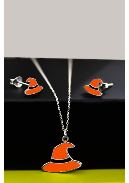 925 Ayar Gümüş Kaplama Siyah Mineli Cadılar Bayramı, Cadı Şapkası Küpe ve Kolye Set