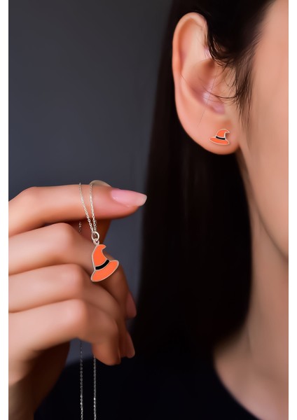 925 Ayar Gümüş Kaplama Siyah Mineli Cadılar Bayramı, Cadı Şapkası Küpe ve Kolye Set fiyatları