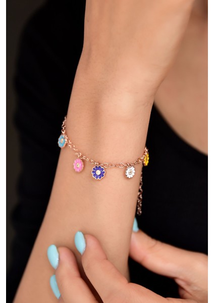 Gümüş Kaplama Renkli Mineli Papatya Bileklik 925 Ayar