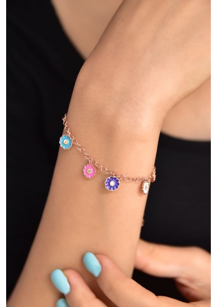 Gümüş Kaplama Renkli Mineli Papatya Bileklik 925 Ayar modelleri