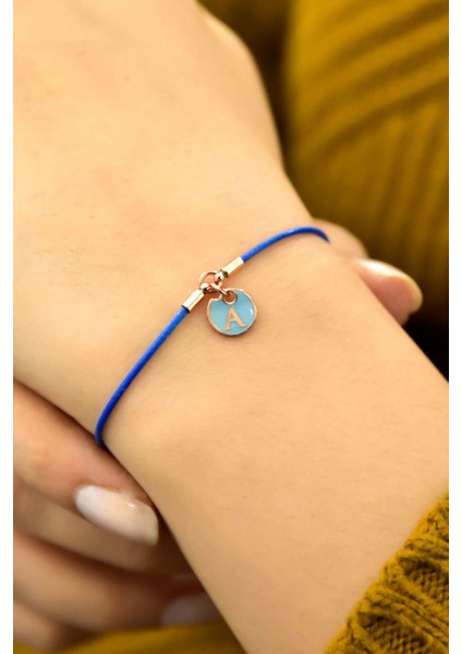 925 Ayar Gümüş Mavi Ipli Asansörlü Mineli Harf Bileklik