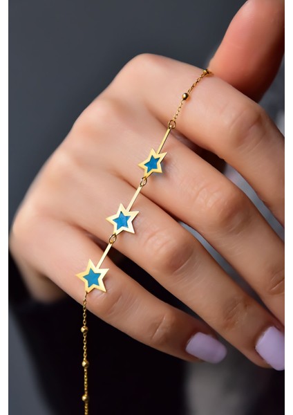 925 Ayar Gümüş Kaplama Parlayan Rüya Serisi Yıldız Ebruli Cam Boyalı Bileklik