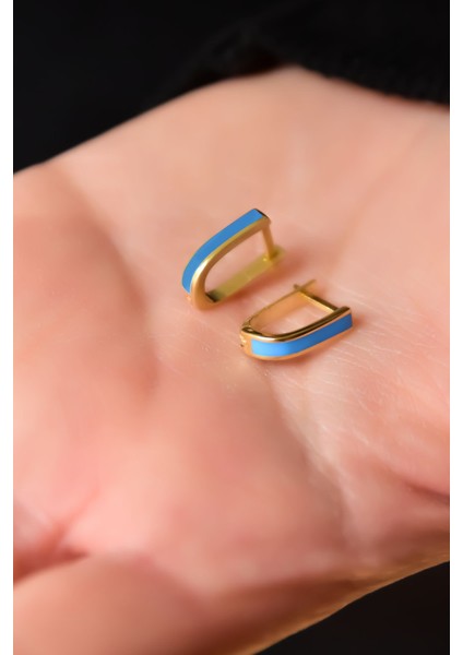 925 Ayar Gümüş Kaplama Mavi Mineli Dikdörtgen Halka Küpe