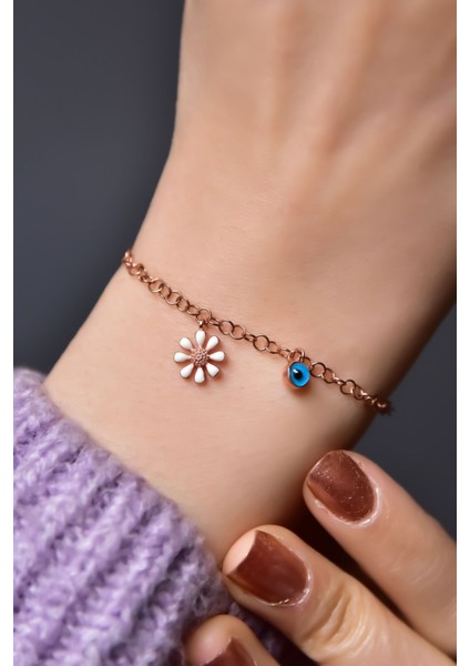 925 Ayar Gümüş Kaplama Papatya, Cam Göz Zincir Bileklik