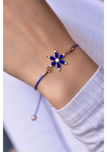 925 Ayar Gümüş Kaplama Lacivert Sedef Mineli Lacivert Ipli Asansörlü Bileklik fiyatları