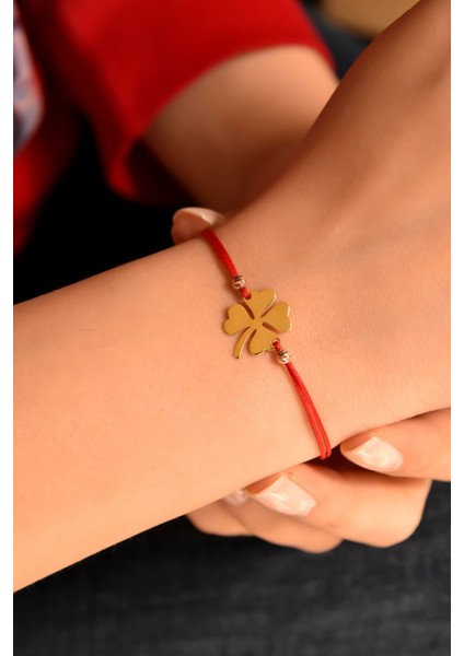 925 Ayar Gümüş Kırmızı Ipli Kaplama Yonca Kadın Bileklik