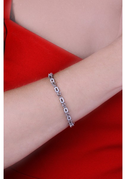 925 Ayar Gümüş Sıralı Damla ve Dikdörtgen Taşlı Bileklik