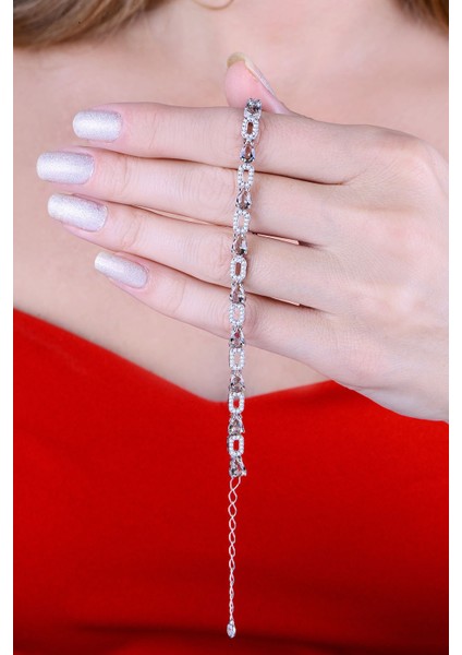 925 Ayar Gümüş Sıralı Damla ve Dikdörtgen Taşlı Bileklik fiyatları