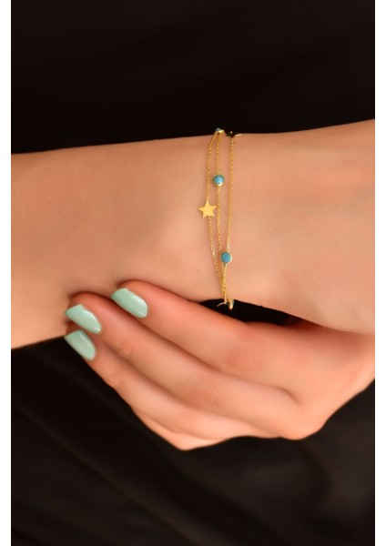 Kadın 925 Ayar Gümüş Kaplama Firuze Taşlı Yıldız Zincir Bileklik