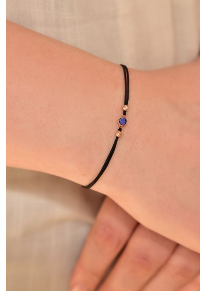925 Ayar Gümüş Lacivert Zirkon Taşlı Siyah Ipli Bileklik