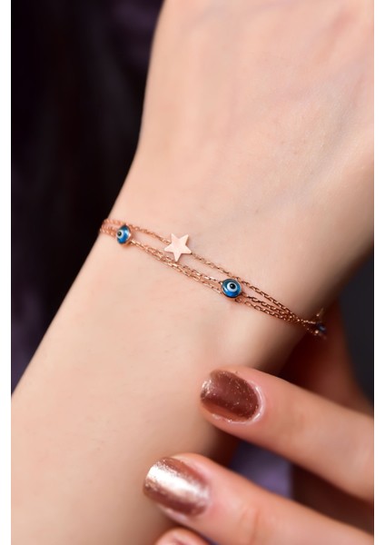 925 Ayar Gümüş Kaplama Cam Nazar Göz Yıldızı Model Üç Zincir Bileklik fiyatları