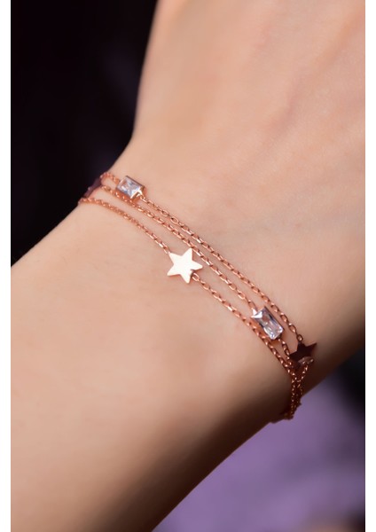 925 Ayar Gümüş Kaplama Baget Taşlı Yıldızı Model Üç Zincir Bileklik