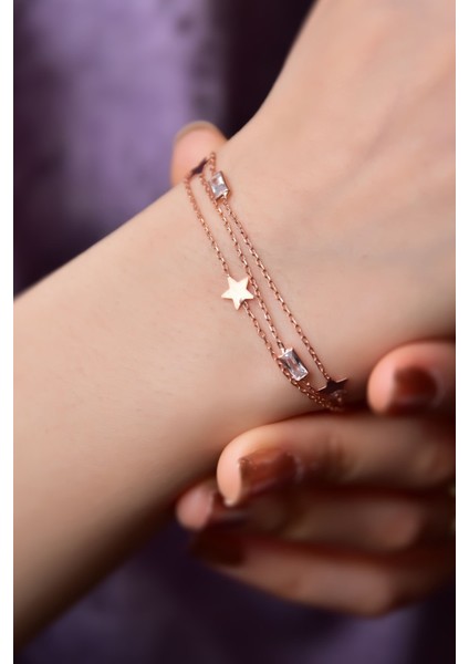 925 Ayar Gümüş Kaplama Baget Taşlı Yıldızı Model Üç Zincir Bileklik fiyatları